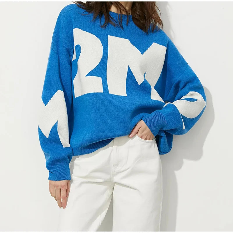 Print Knitted Pullover Long Sleeves Loose Sweater