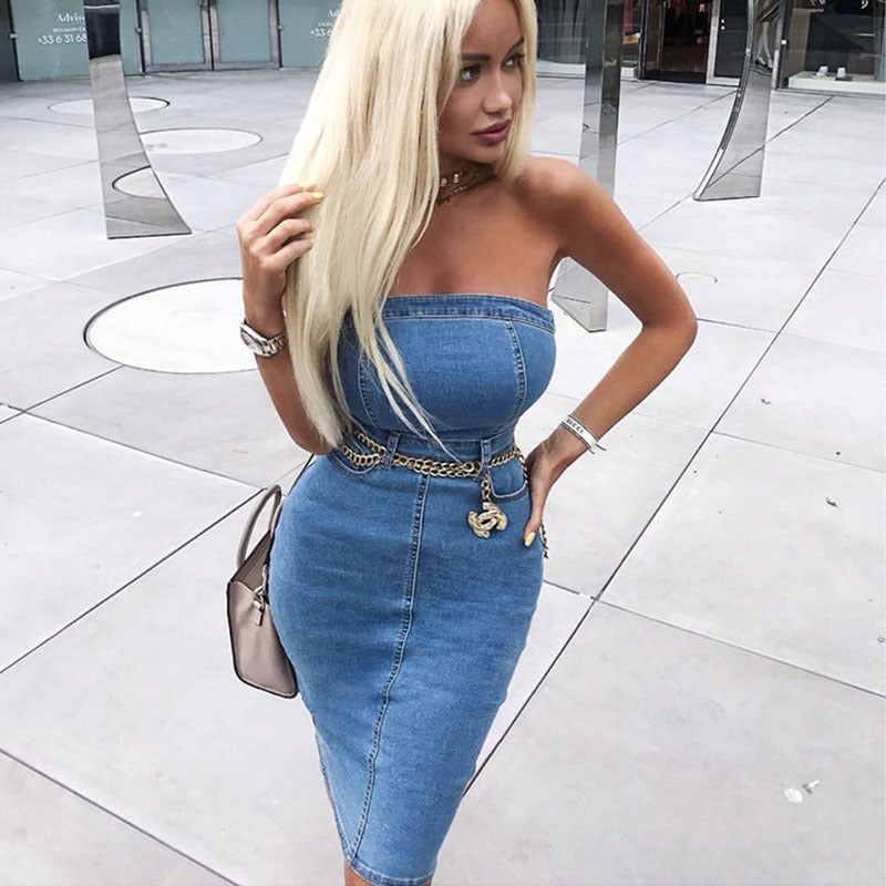 Blue Strapless Zipper Back Bodycon Denim Mini Dress