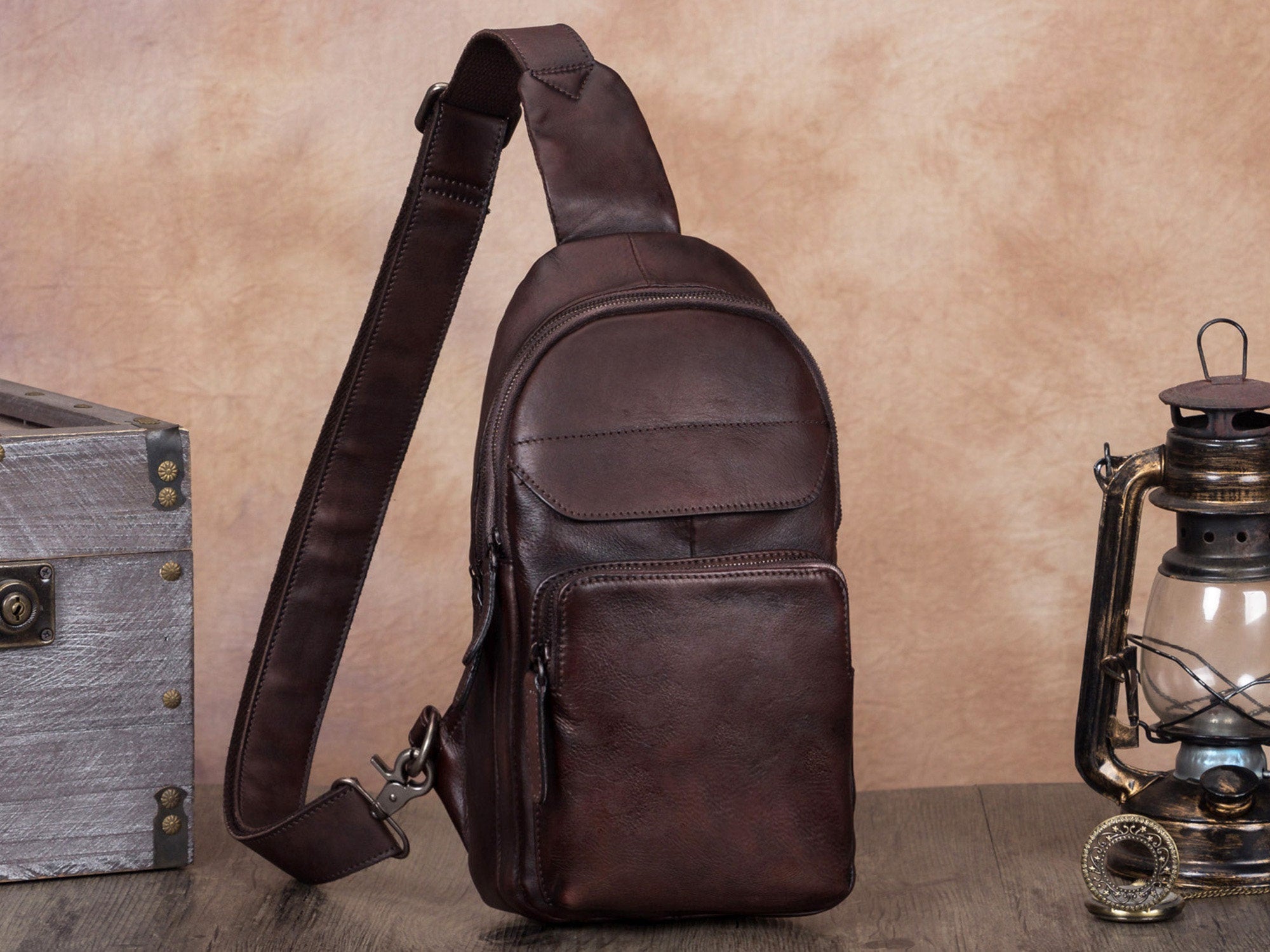 Leather Sling Bag Crossbody Purse Handmade Hiking Daypack Retro Shoulder Backpack Vintage Chest Bags