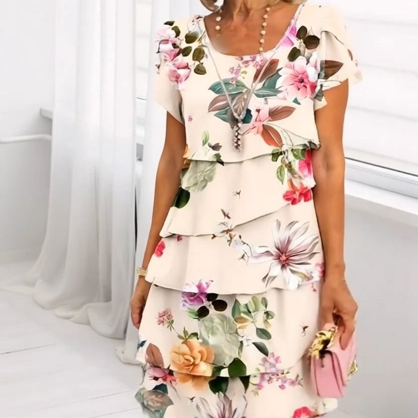 Beige Floral Print Short Sleeves Tiered Mini Dress