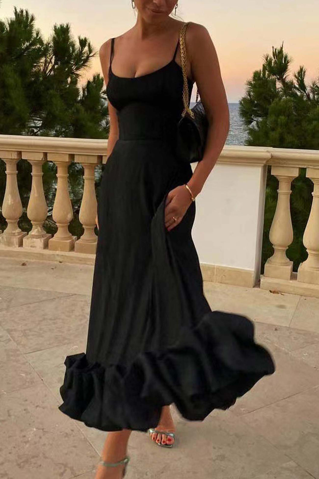 Straps  Sleeveless A-line Shirring Hem Party Midi Dress