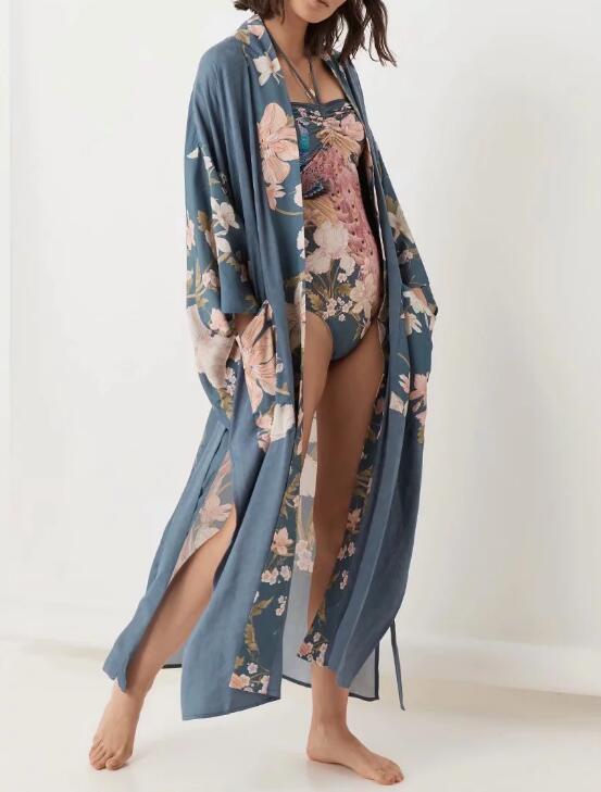 Boho Peacok Floral Print Kimono Robe Cover Up