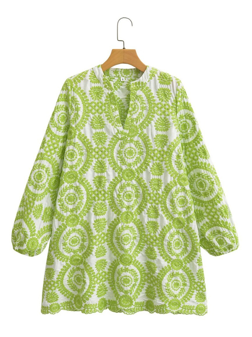Long Sleeve Embroidered Hollow Out Mini Dress