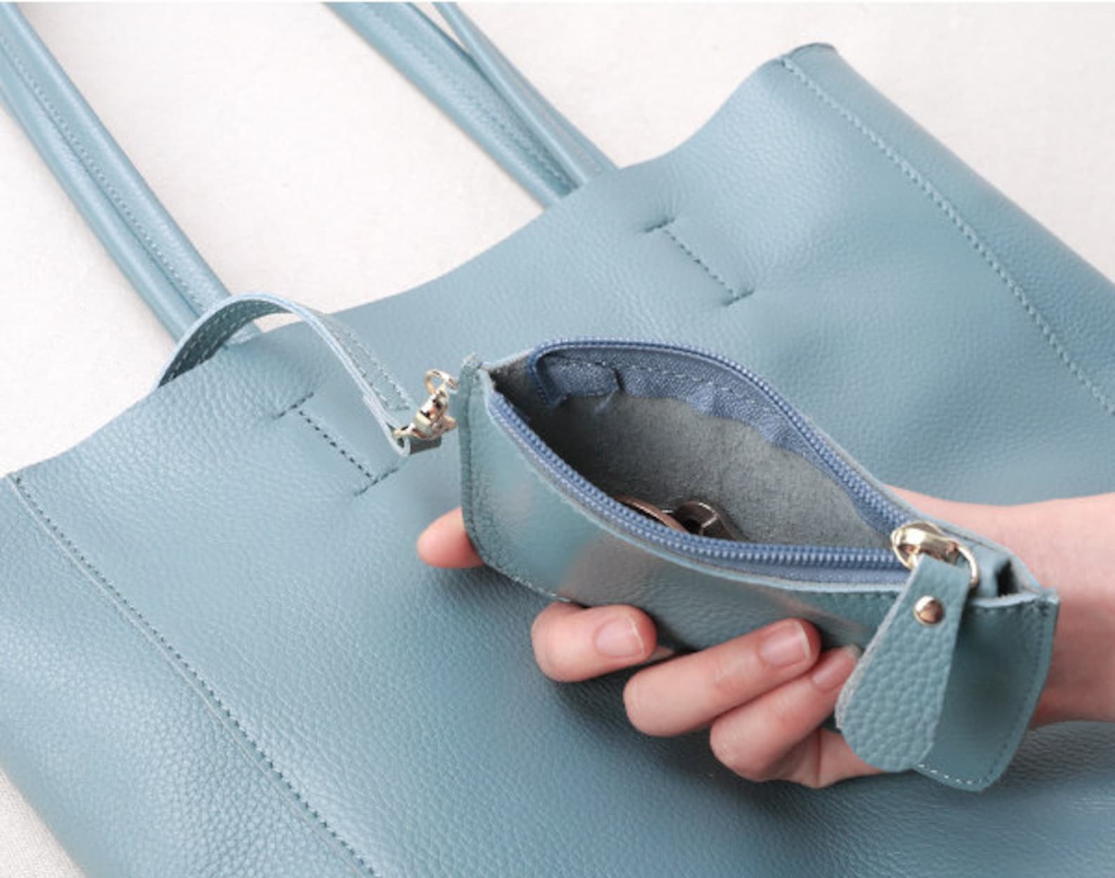 Sky Blue Leather Tote Bag Large Capacity Handbag