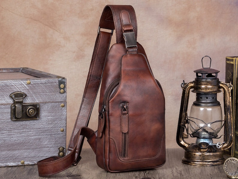 Vintage Leather Sling Bag Chest Shoulder Crossbody Bag Hiking Backpack