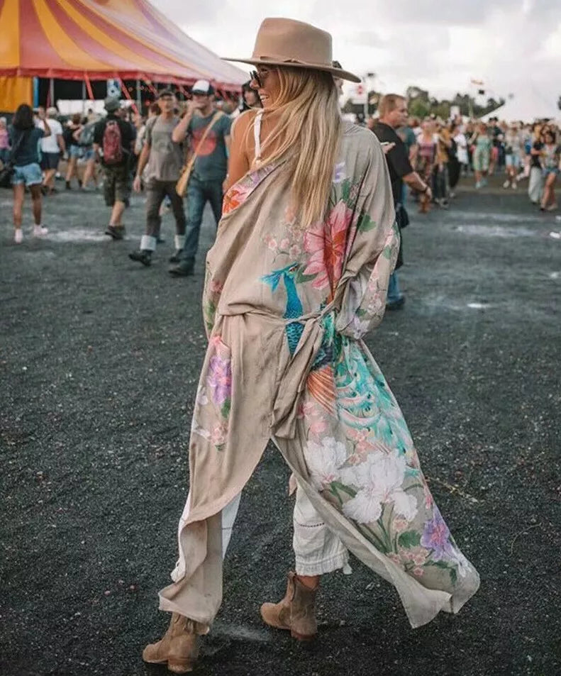 Boho Peacok Floral Print Kimono Robe Cover Up