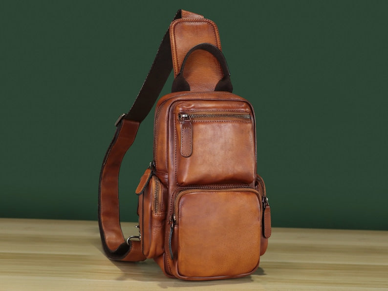 Multiple Pockets Zipper Leather Sling Bag Hiking Daypack Shoulder Backpack