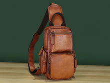 Load image into Gallery viewer, Multiple Pockets Zipper Leather Sling Bag Hiking Daypack Shoulder Backpack
