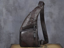 Load image into Gallery viewer, Brown Zipper Leather Sling Bag Crossbody Backpack
