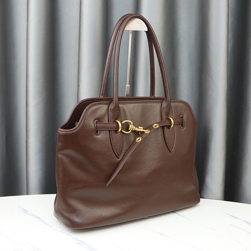 Top Grain Large Leather Tote Bag With Drawstring Buckle