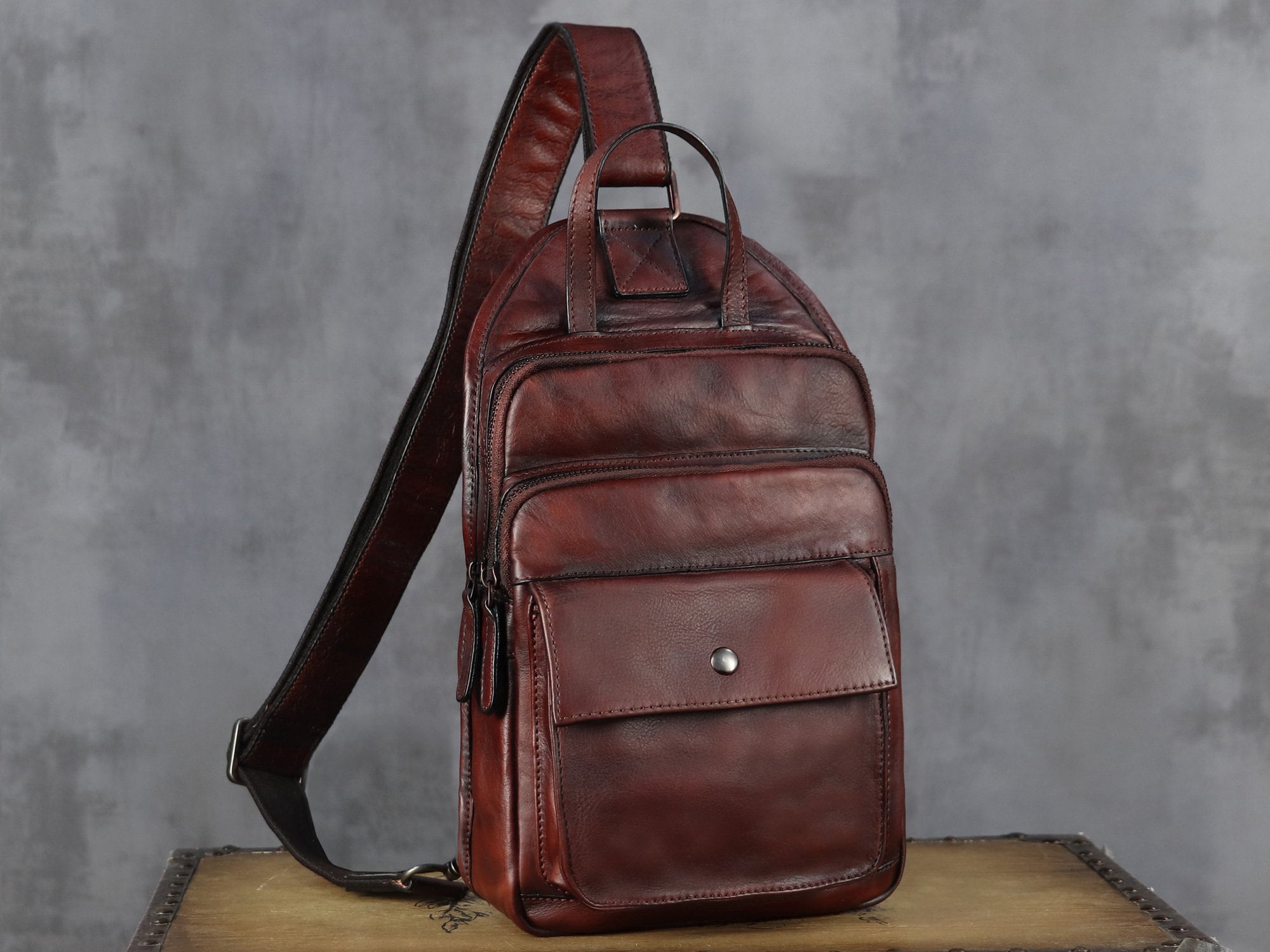 Brown Retro Leather Sling Bag Crossbody Shoulder Backpack
