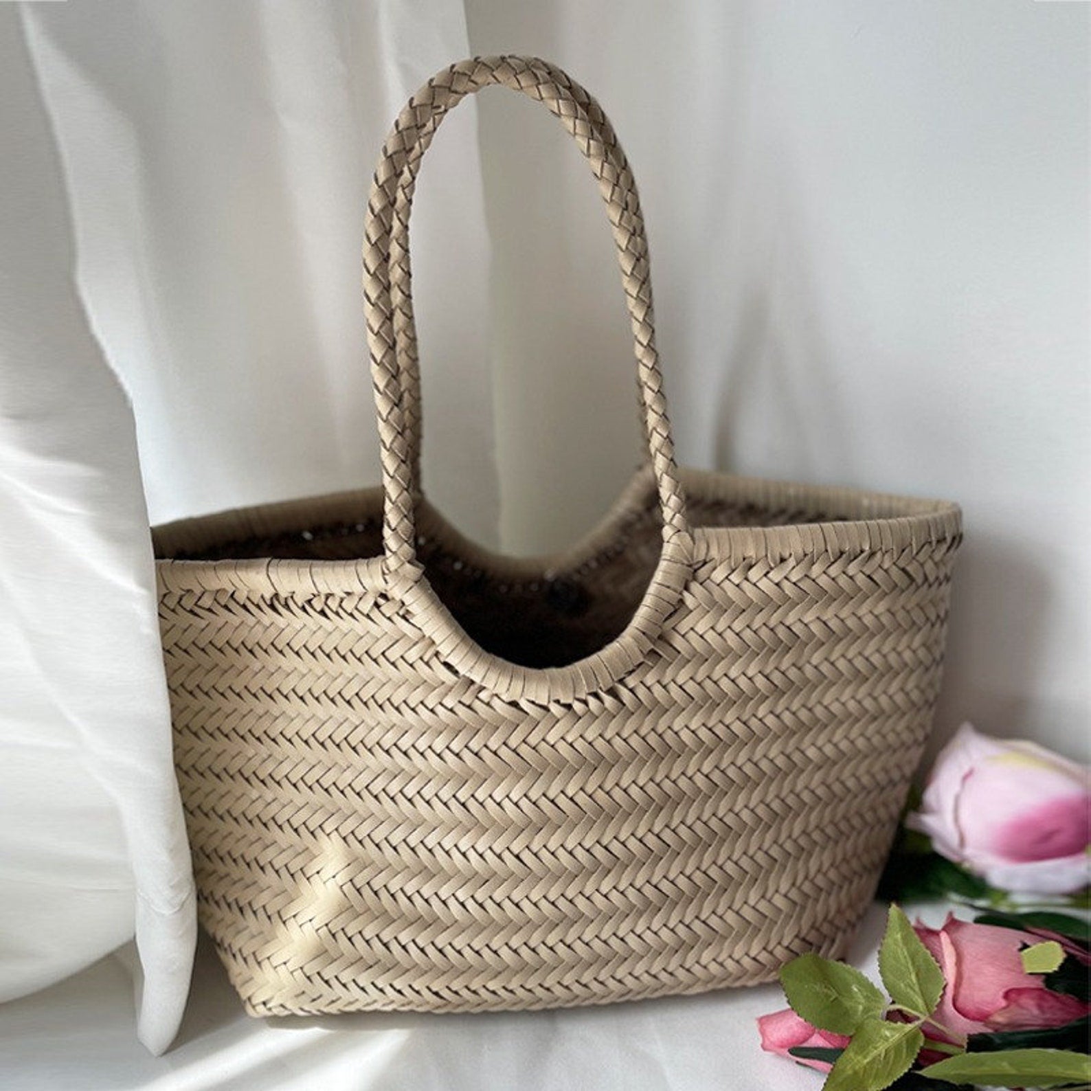 Handmade Woven Leather Basket Bag Handbag Tote Purse