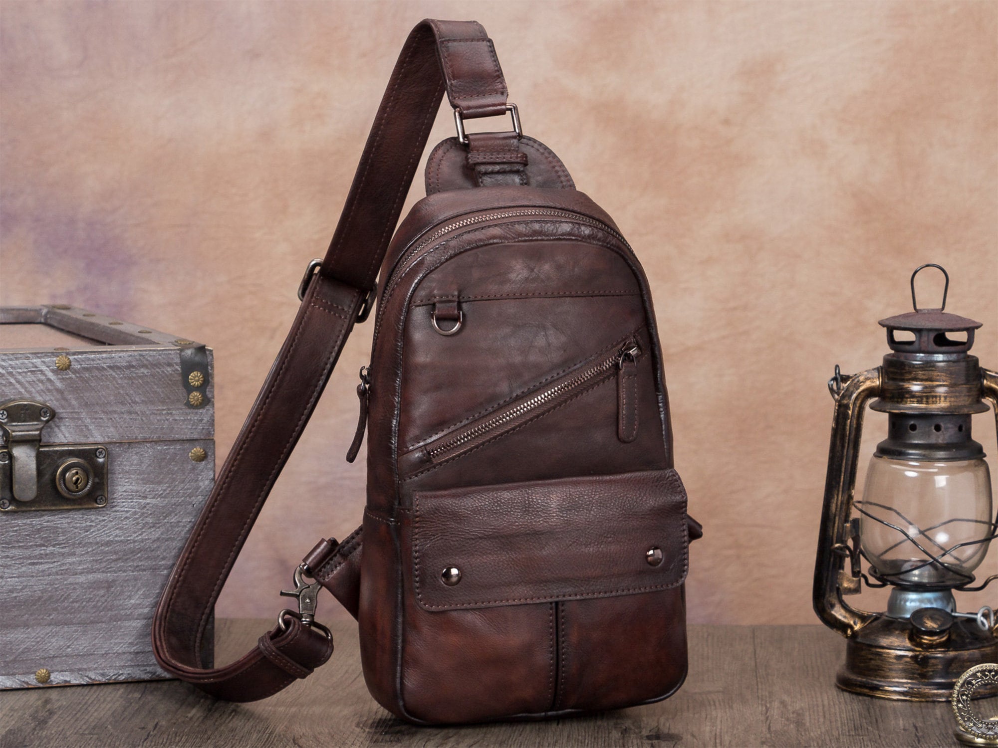 Retro Large Zipper Leather Sling Bag Crossbody Backpack