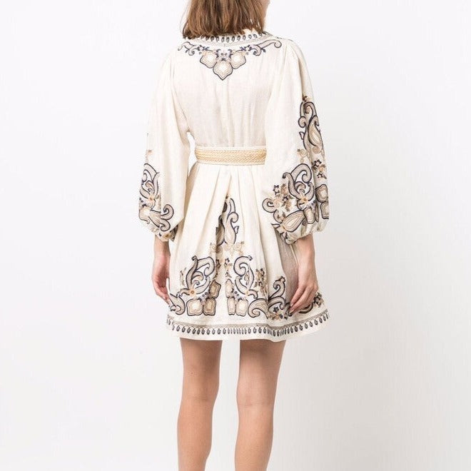 Beige Print V-neck Long Sleeve Mini Dress