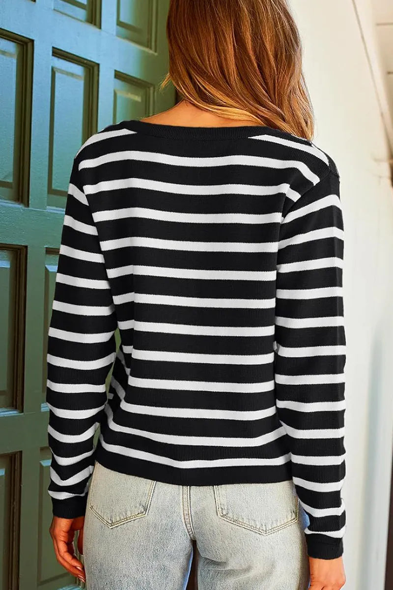 Casual Stripe Buttons Round Neck Cardigan
