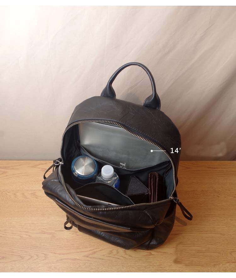 Simple Large Black Leather Backpack Bag