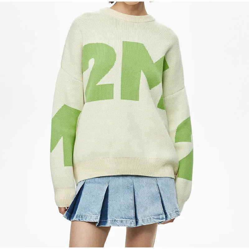 Print Knitted Pullover Long Sleeves Loose Sweater