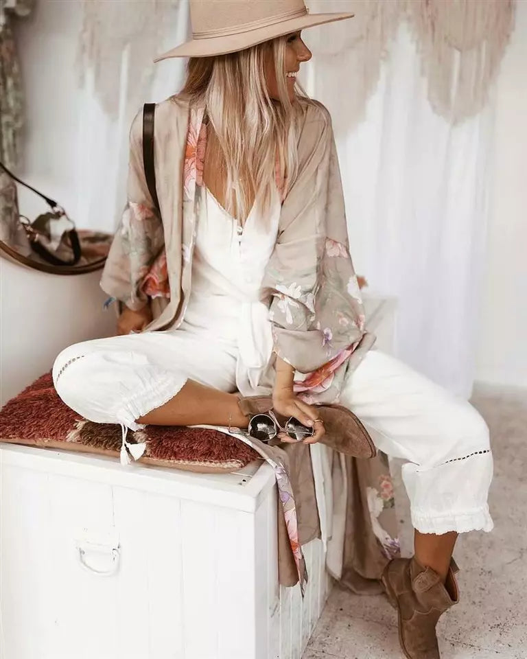 Boho Peacok Floral Print Kimono Robe Cover Up