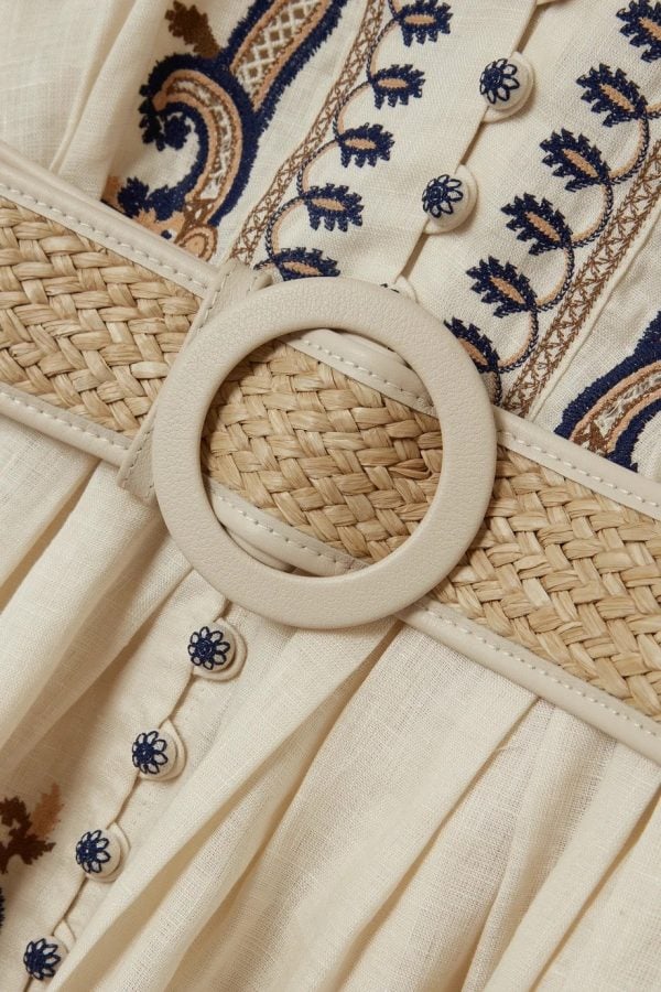 Beige Print V-neck Long Sleeve Mini Dress