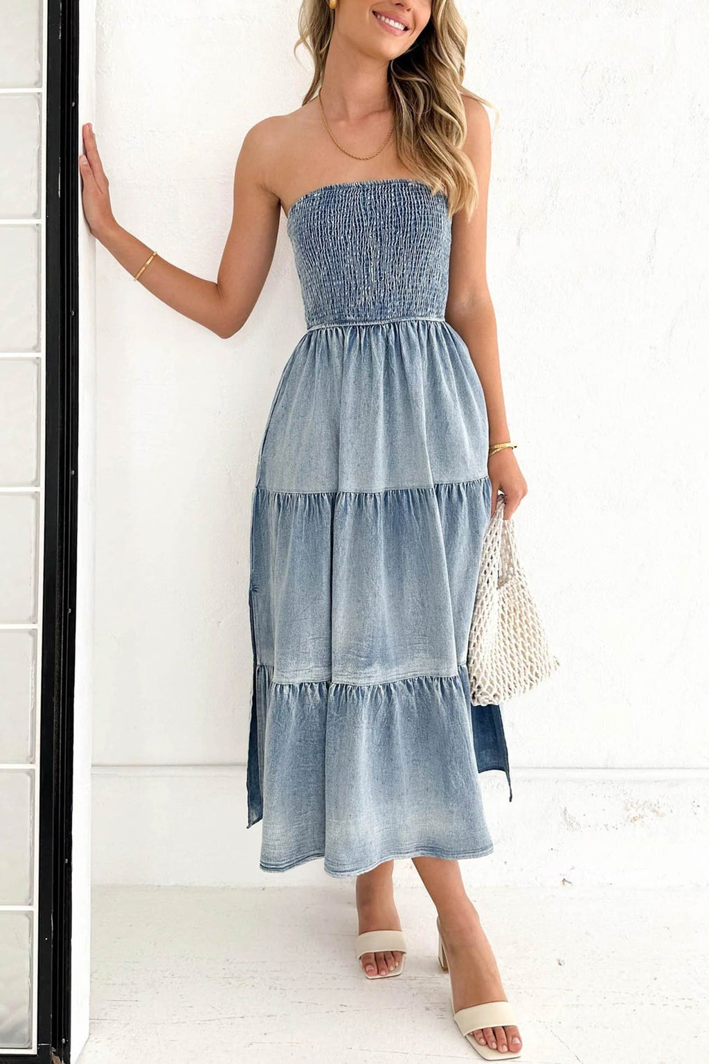 Strapless Smocked  Tiered Slit Side Midi Denim Dress