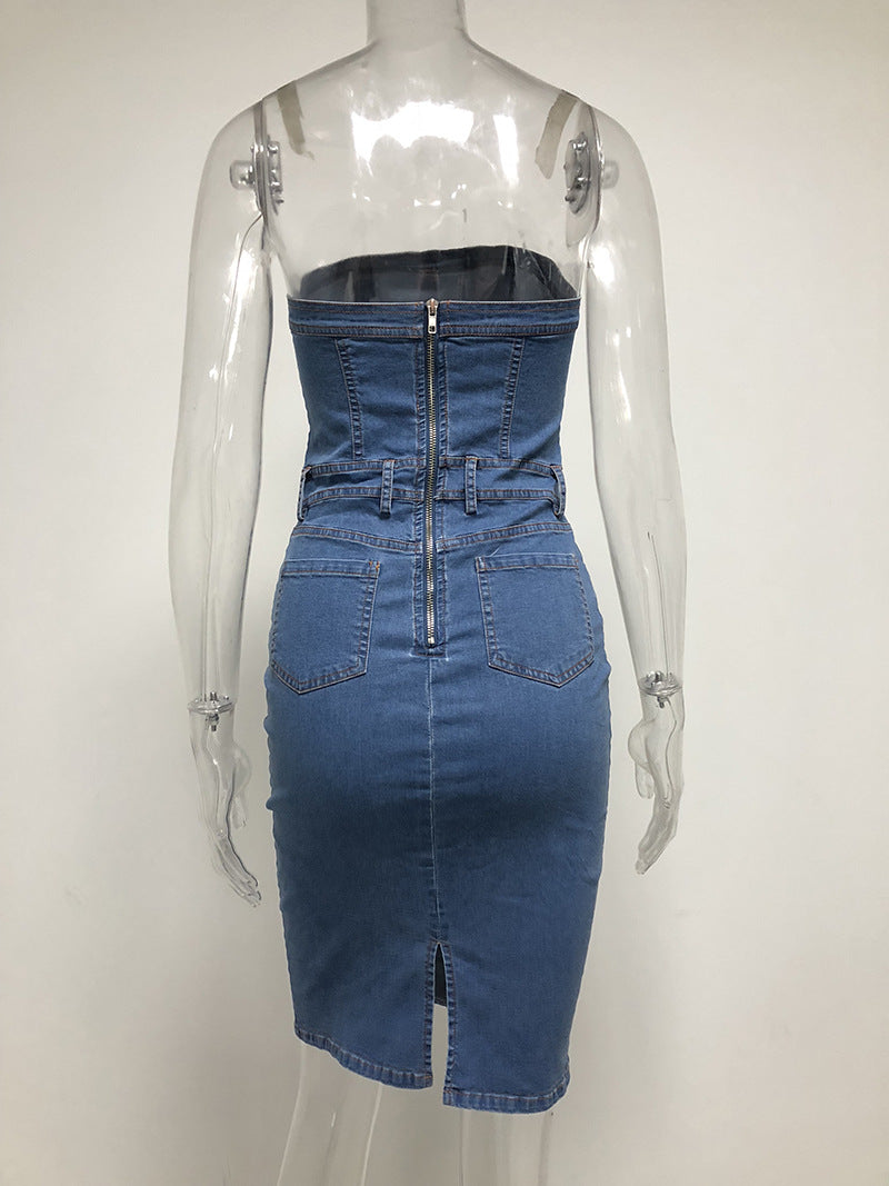 Blue Strapless Zipper Back Bodycon Denim Mini Dress