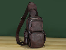 Load image into Gallery viewer, Multiple Pockets Zipper Leather Sling Bag Hiking Daypack Shoulder Backpack
