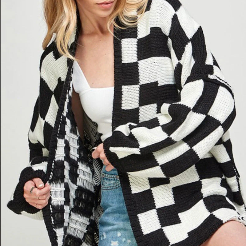 Casual Plaid Loose Knitted Outerwear Cardigan