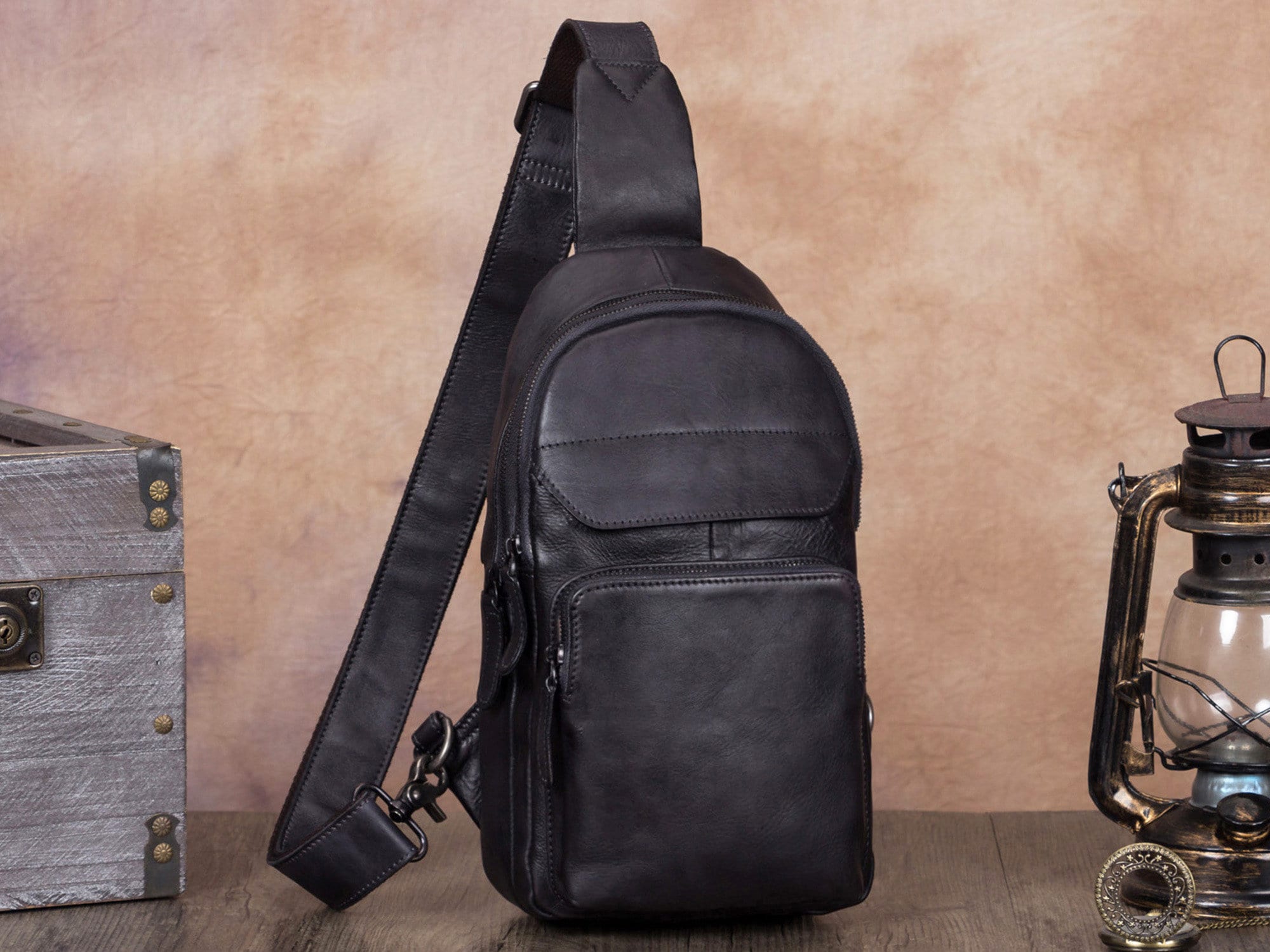 Leather Sling Bag Crossbody Purse Handmade Hiking Daypack Retro Shoulder Backpack Vintage Chest Bags