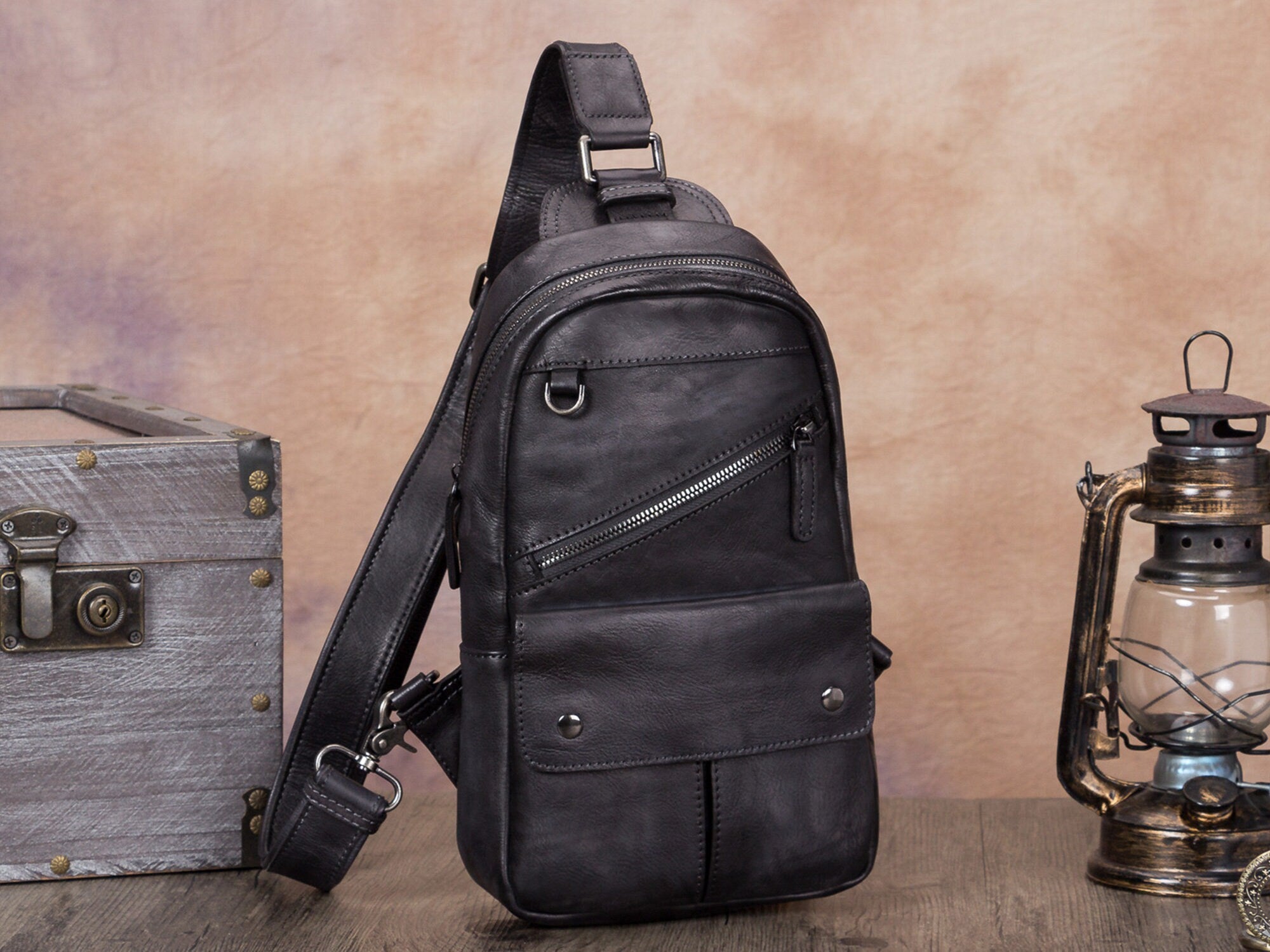 Retro Large Zipper Leather Sling Bag Crossbody Backpack