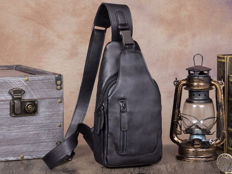 Vintage Leather Sling Bag Chest Shoulder Crossbody Bag Hiking Backpack