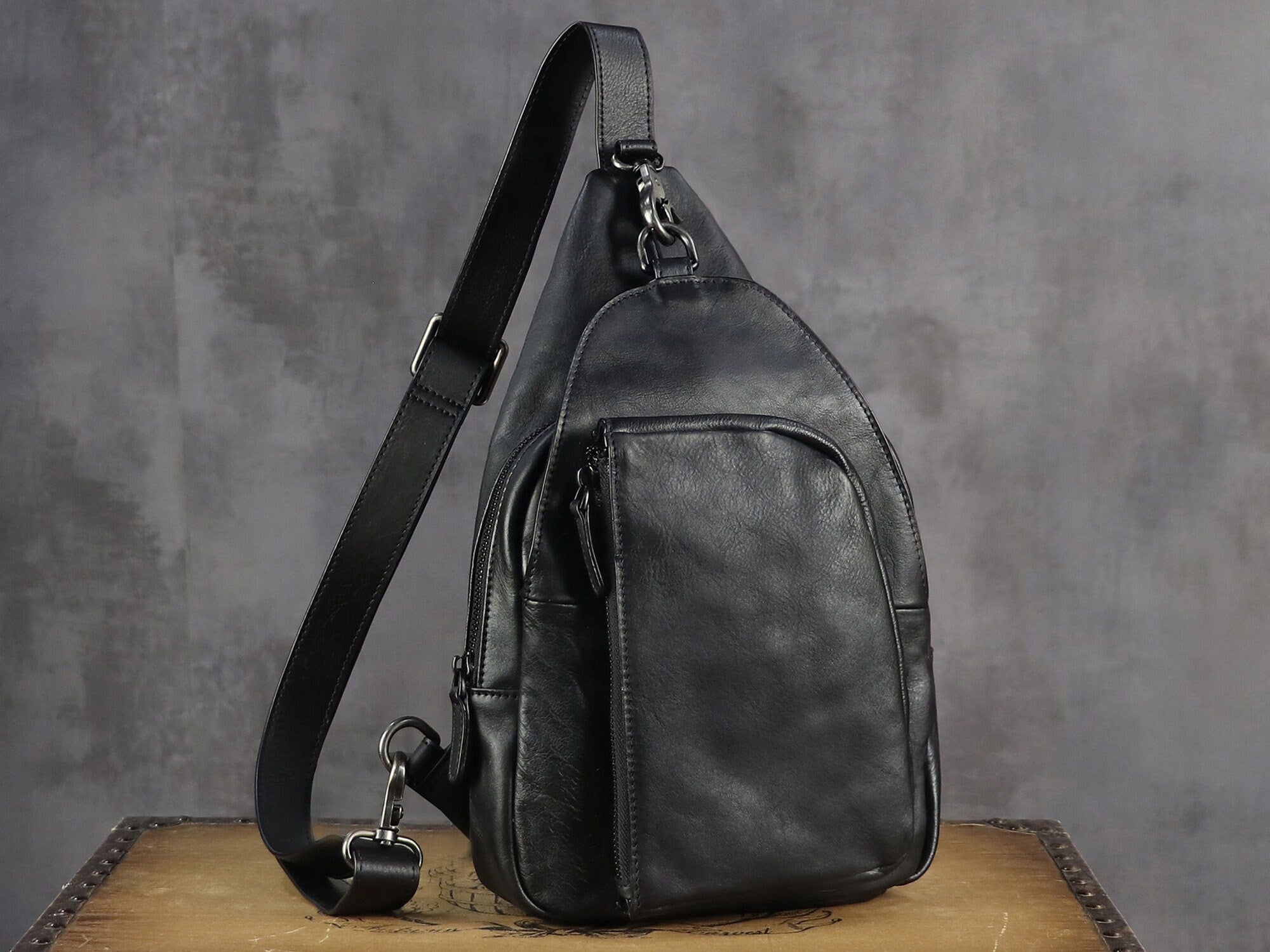 Zipper Leather Sling Bag Crossbody Chest Shoulder Backpack Purse