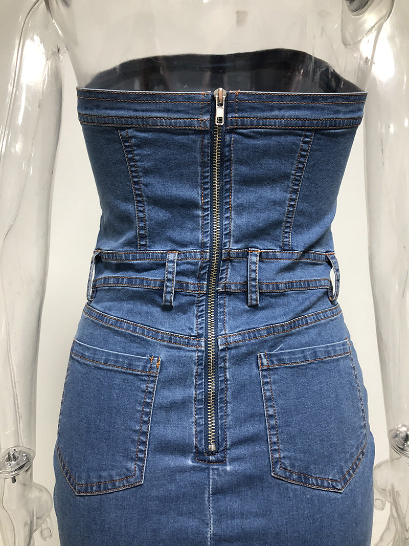 Blue Strapless Zipper Back Bodycon Denim Mini Dress