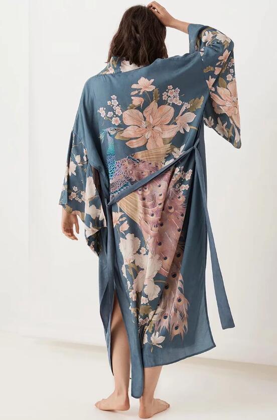 Boho Peacok Floral Print Kimono Robe Cover Up