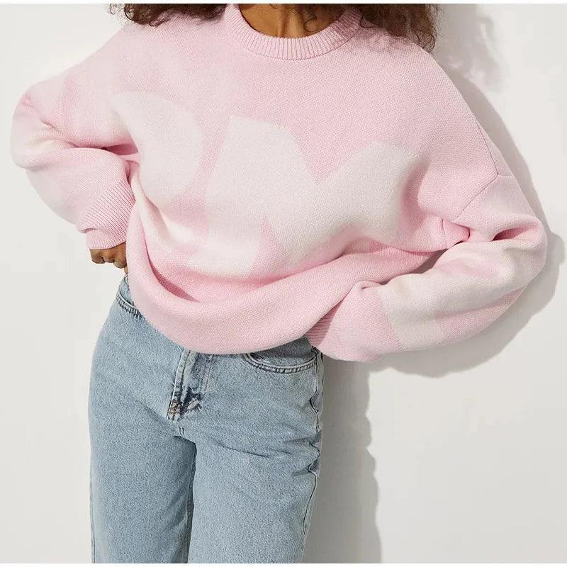 Print Knitted Pullover Long Sleeves Loose Sweater