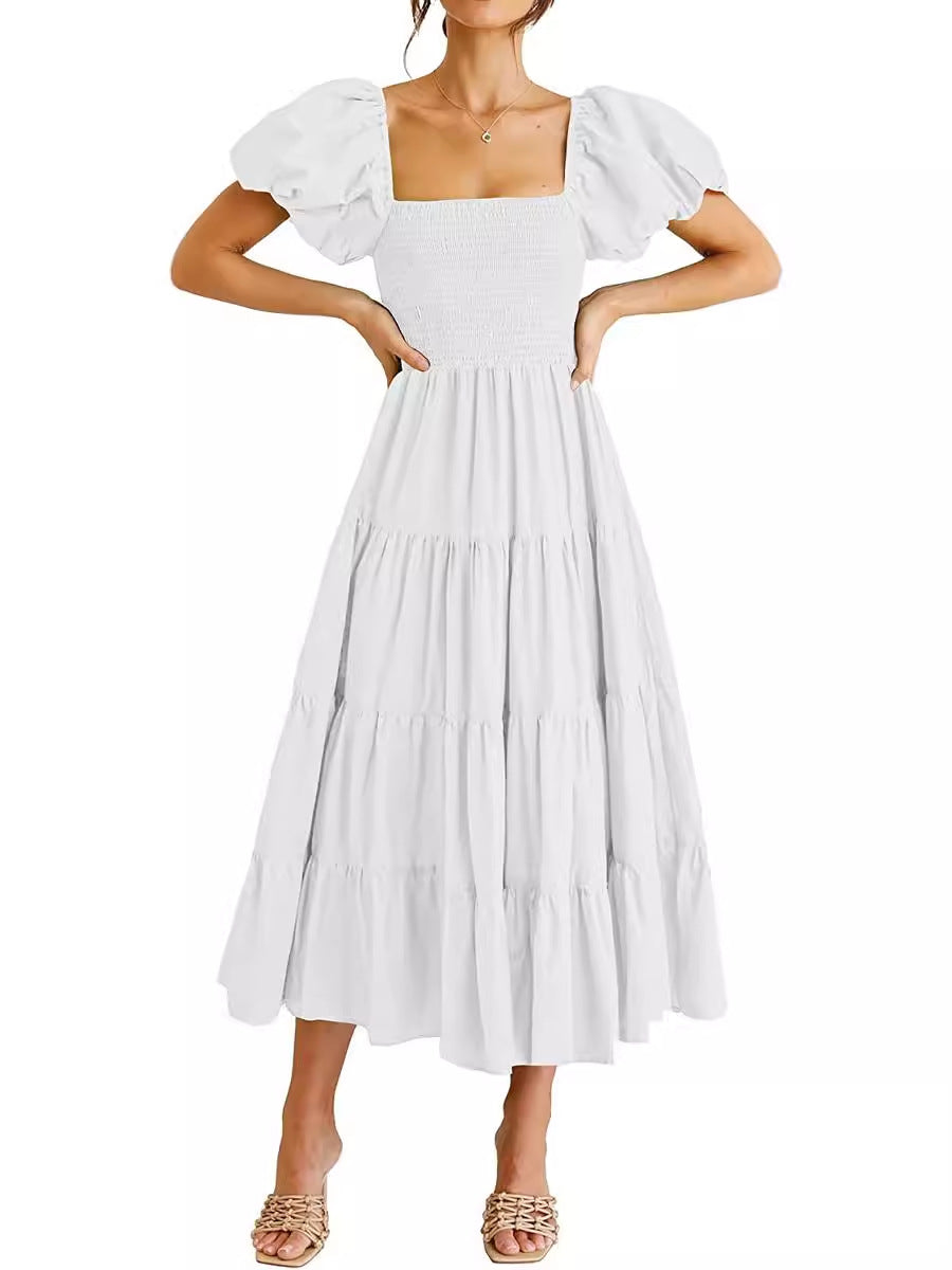 Simple Puff Short Sleeves Tiered Smocked Midi Dress