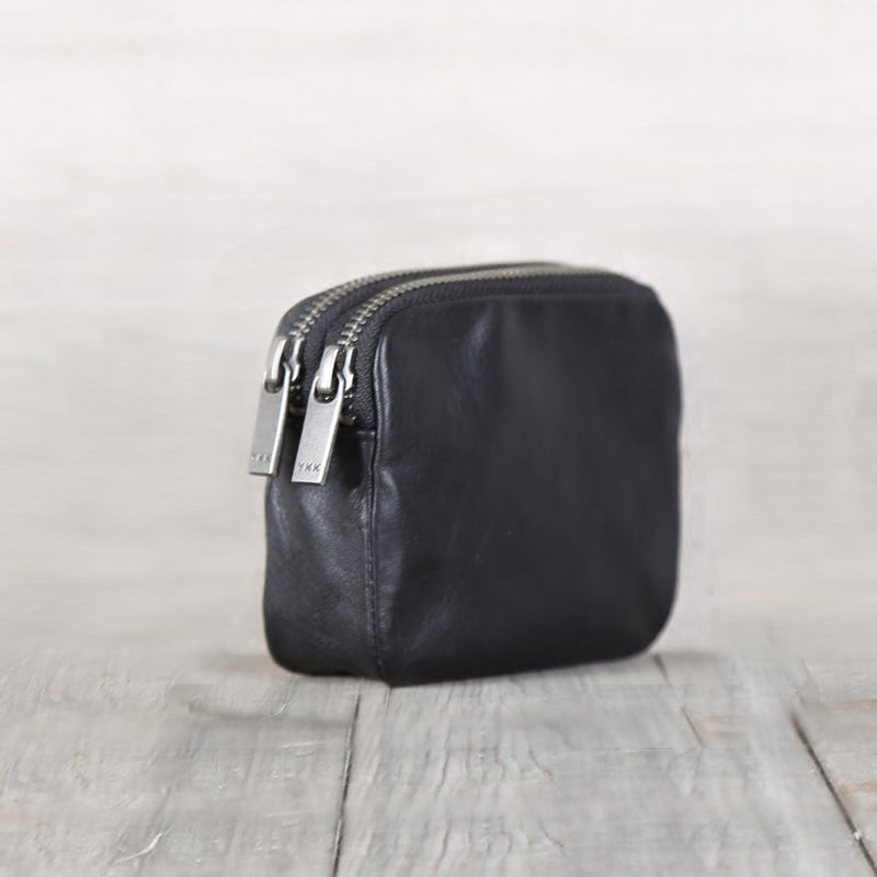 Small Black Leather Zipper Card Wallet Coin Purse  for Women