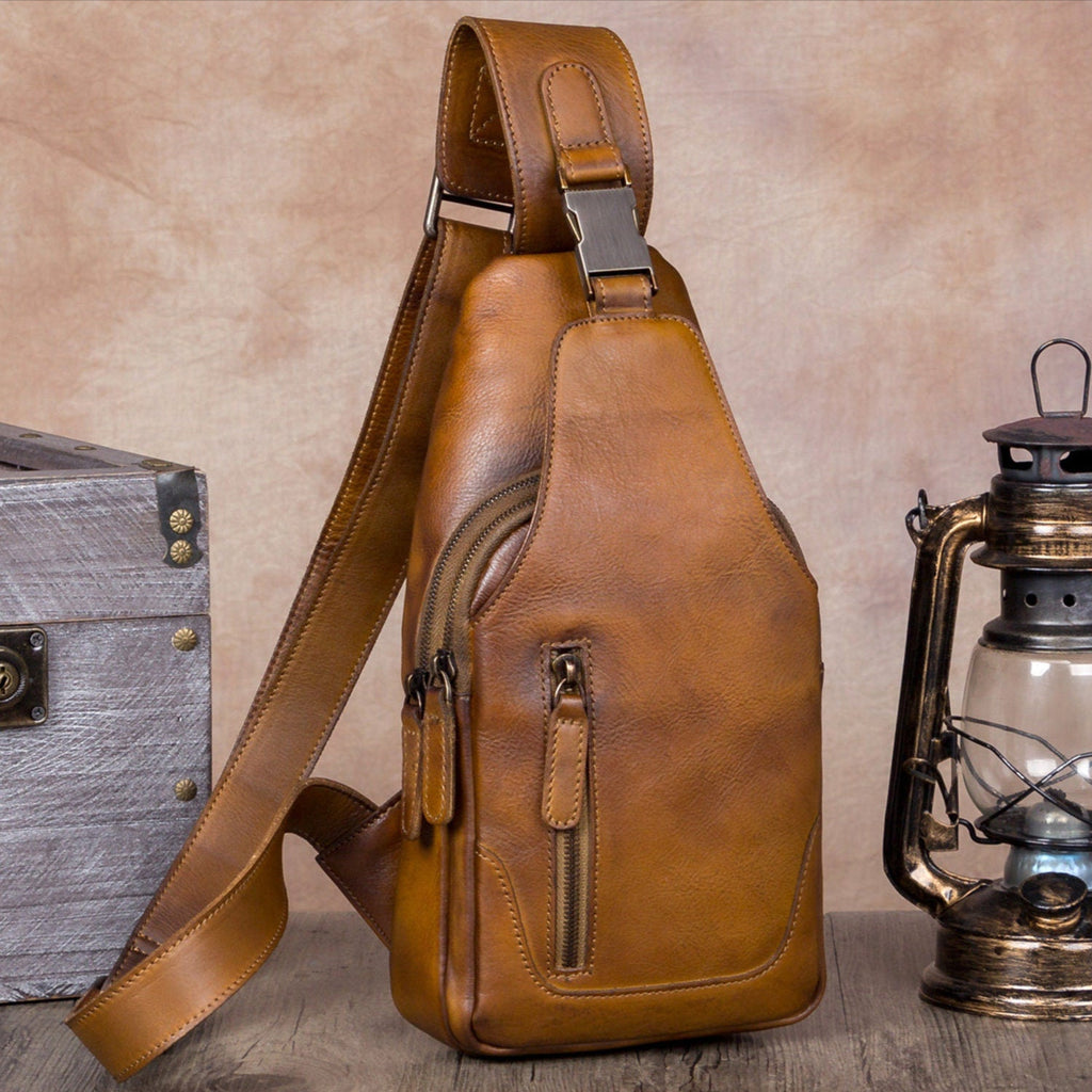 Vintage Leather Sling Bag Chest Shoulder Crossbody Bag Hiking Backpack