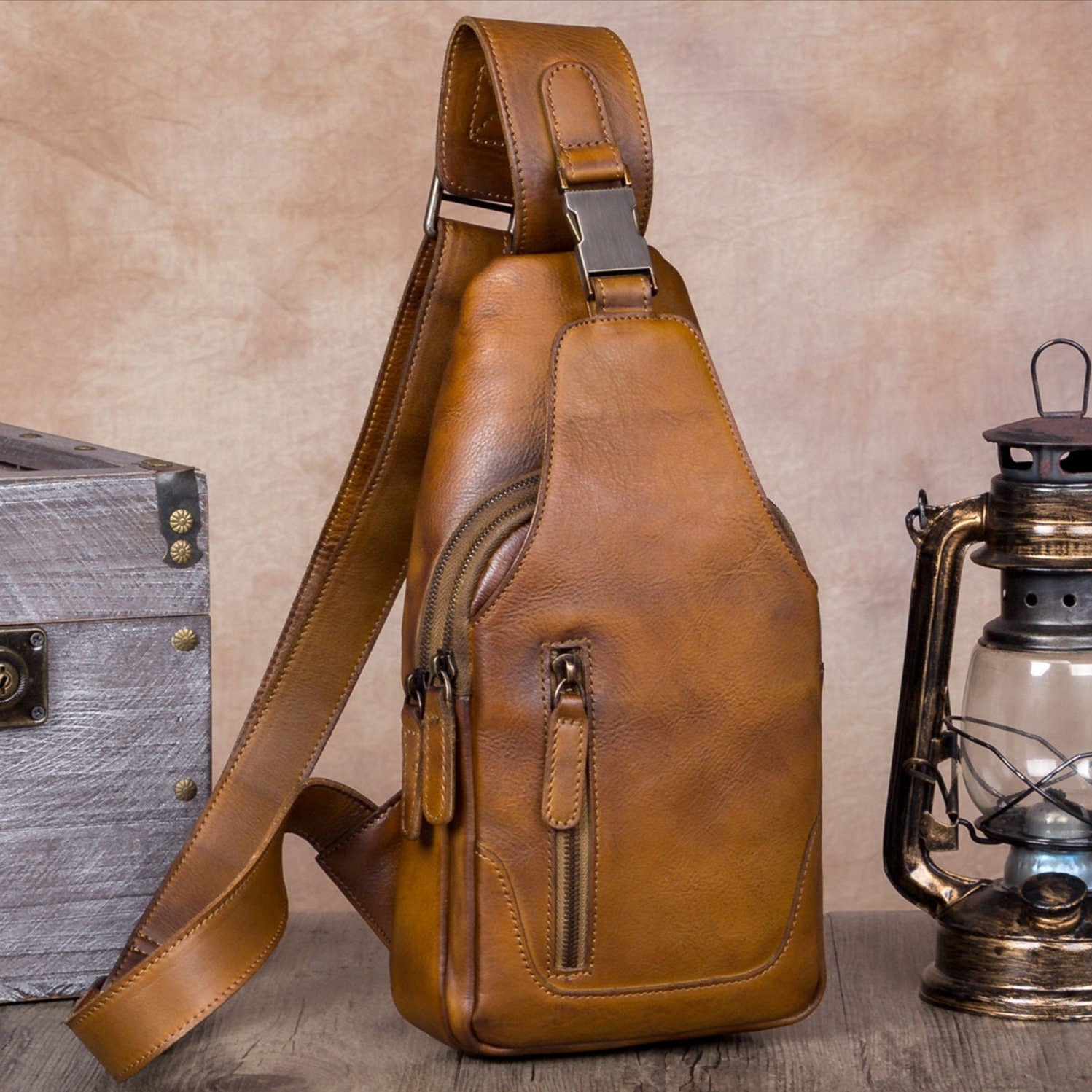 Vintage Leather Sling Bag Chest Shoulder Crossbody Bag Hiking Backpack