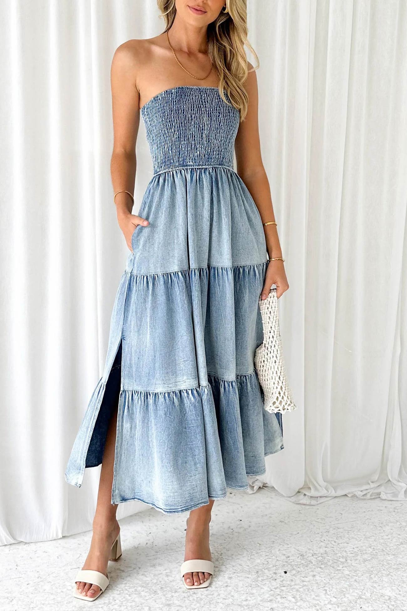 Strapless Smocked  Tiered Slit Side Midi Denim Dress