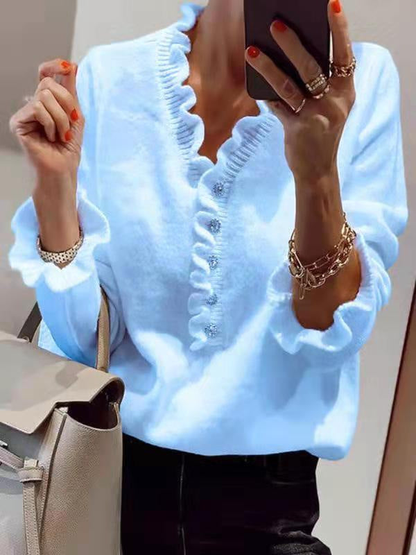 Long Sleeves Ruffled V-neck Sweater