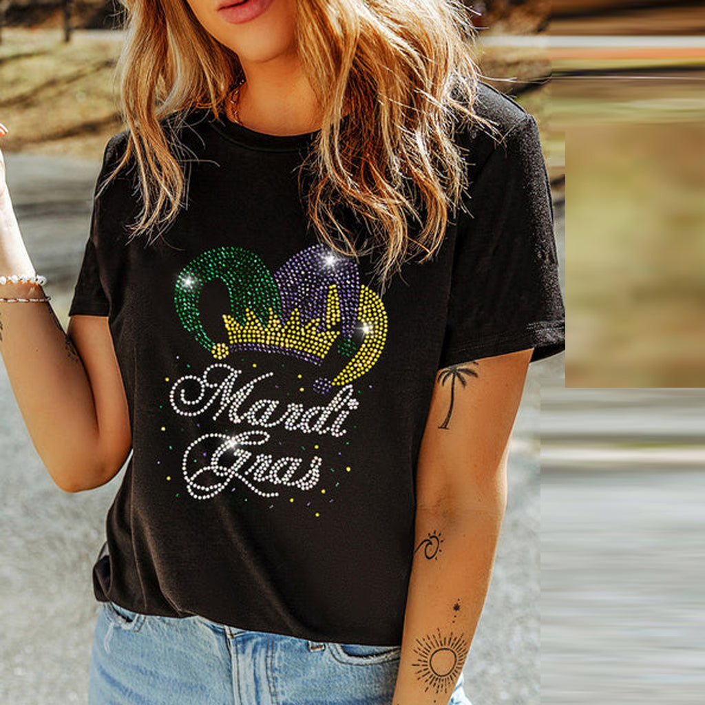 Black Rhinestone Mardi Gras Clown Hat Short Sleeve Tee