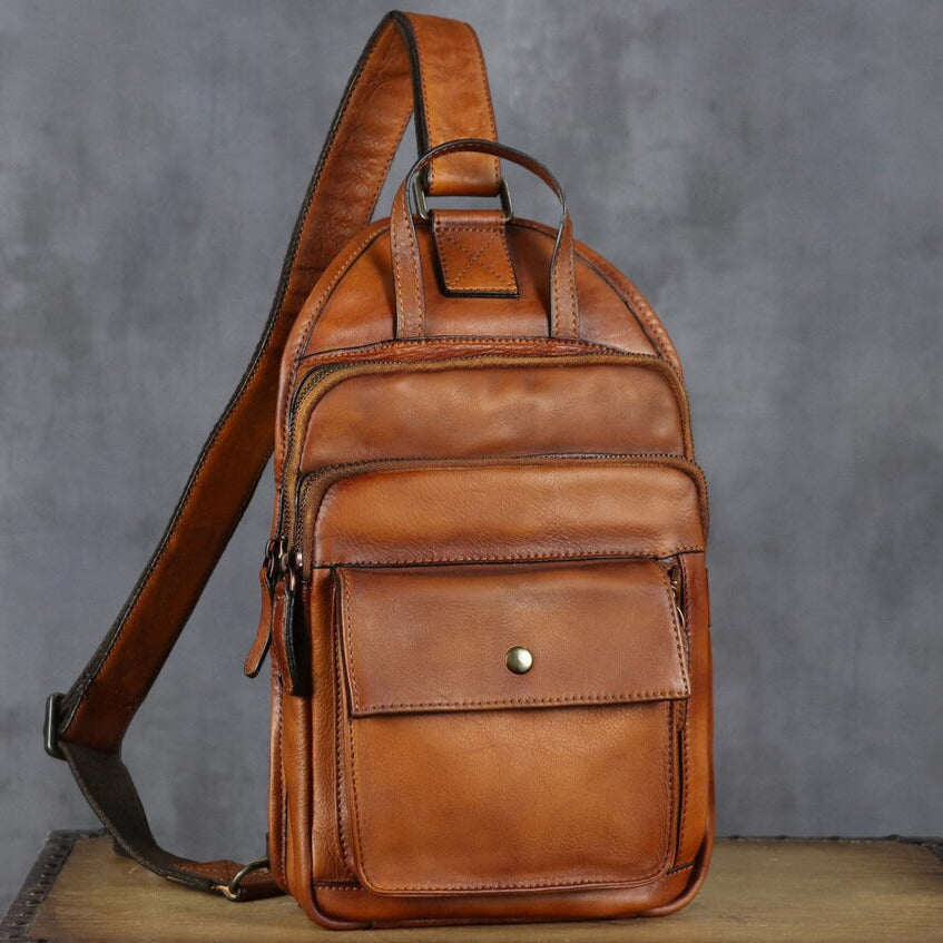 Brown Retro Leather Sling Bag Crossbody Shoulder Backpack