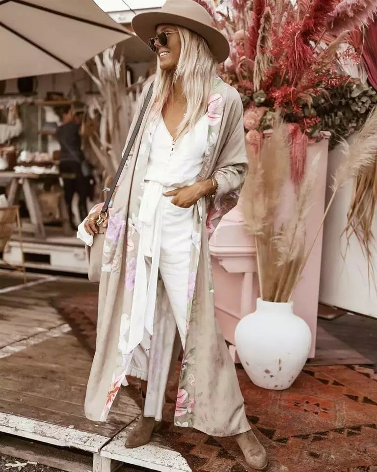 Boho Peacok Floral Print Kimono Robe Cover Up