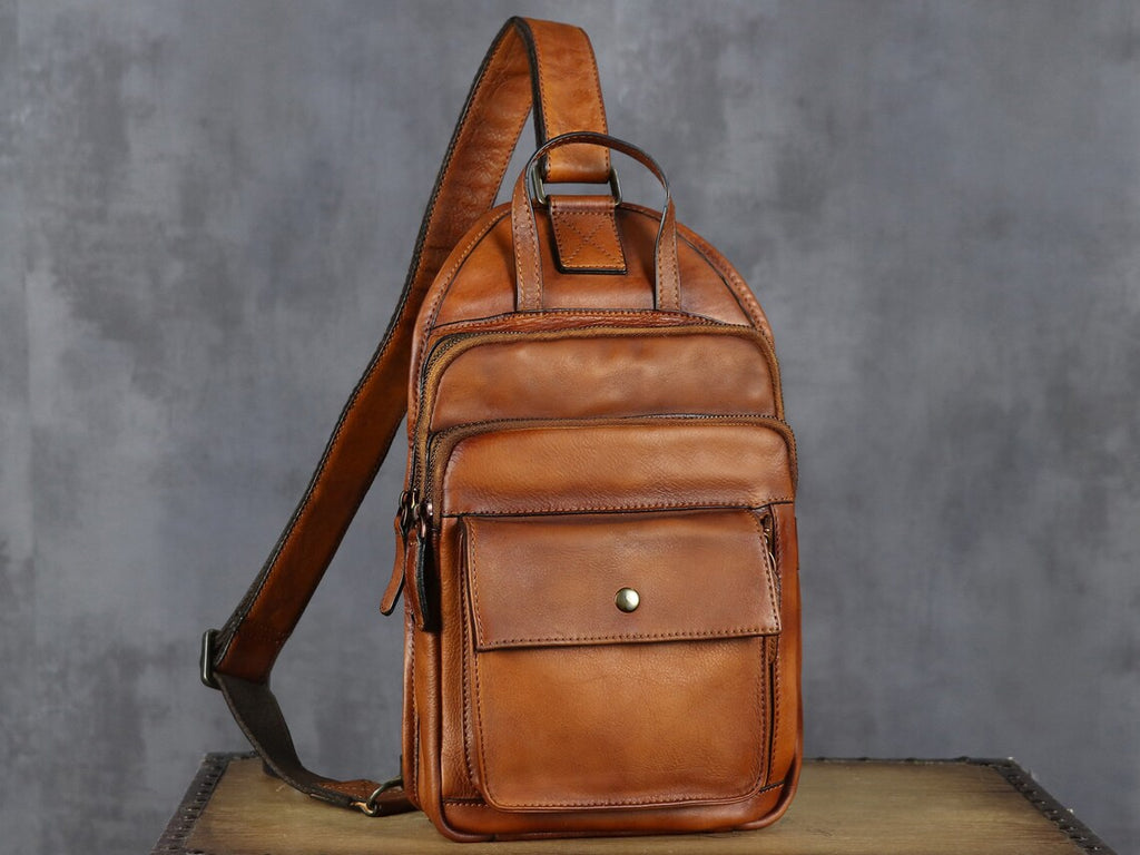 Brown Retro Leather Sling Bag Crossbody Shoulder Backpack