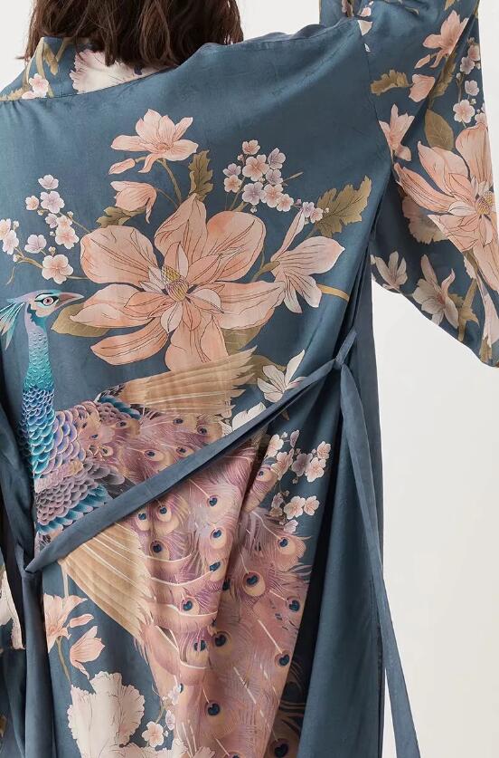 Boho Peacok Floral Print Kimono Robe Cover Up