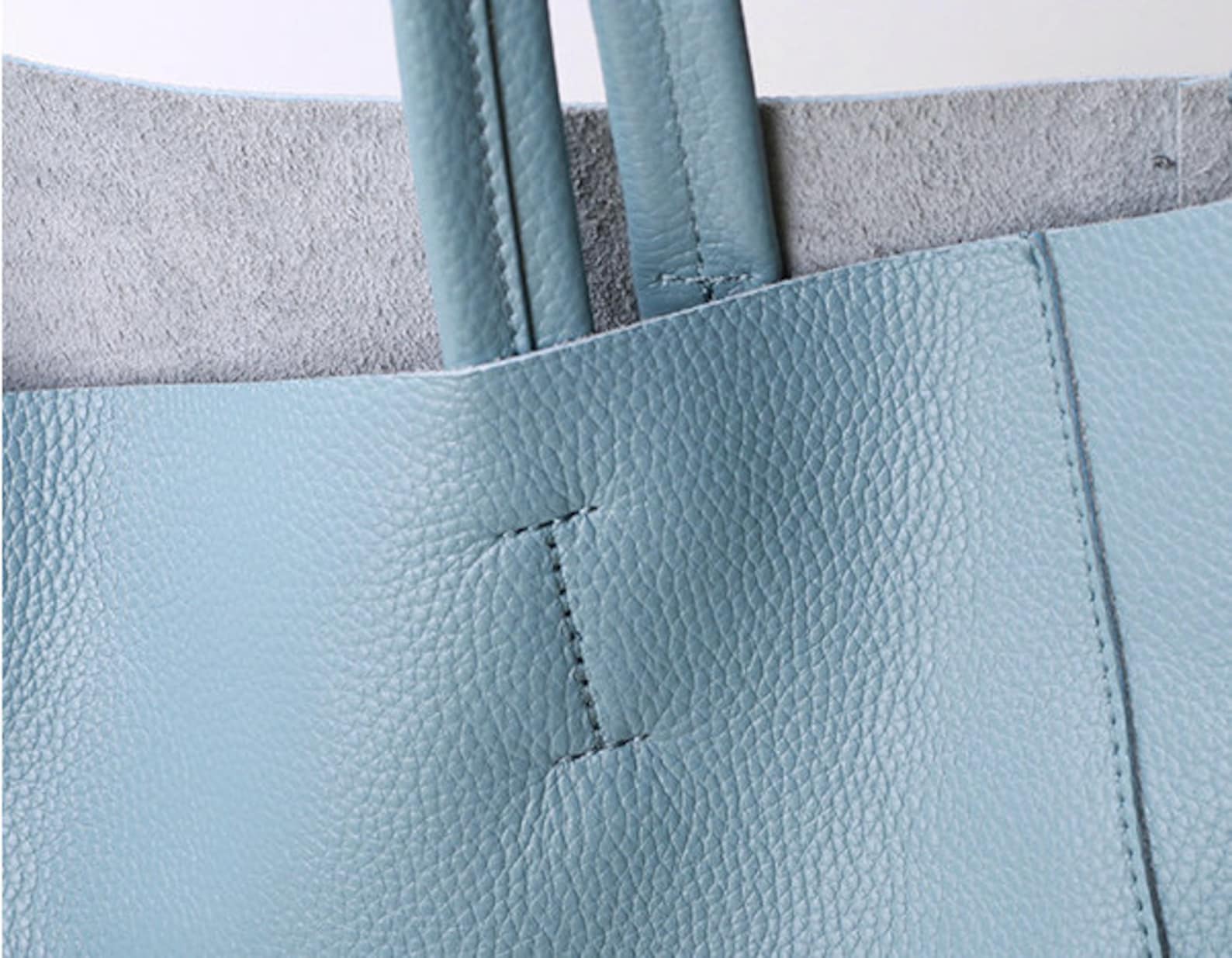 Sky Blue Leather Tote Bag Large Capacity Handbag