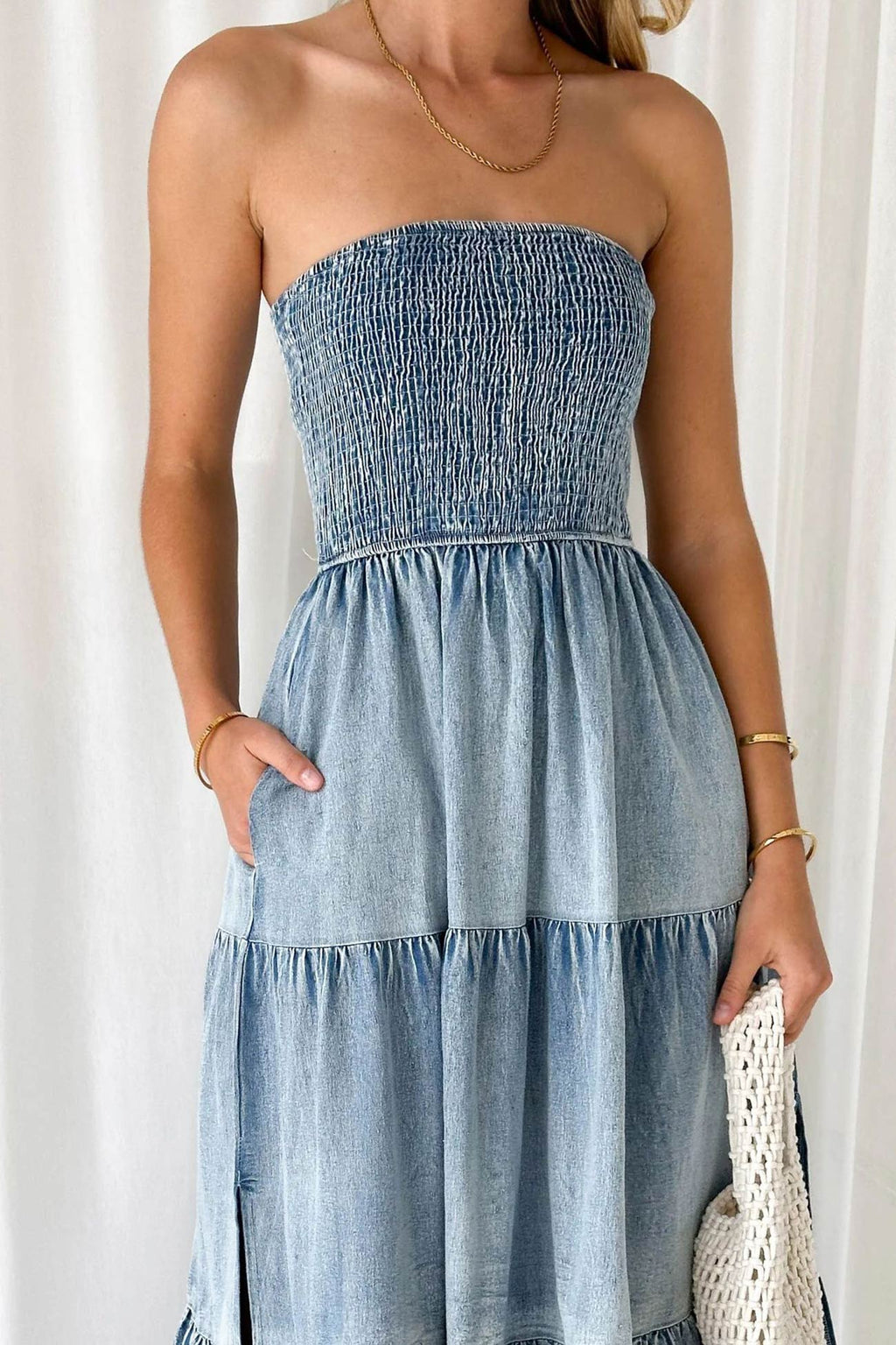Strapless Smocked  Tiered Slit Side Midi Denim Dress