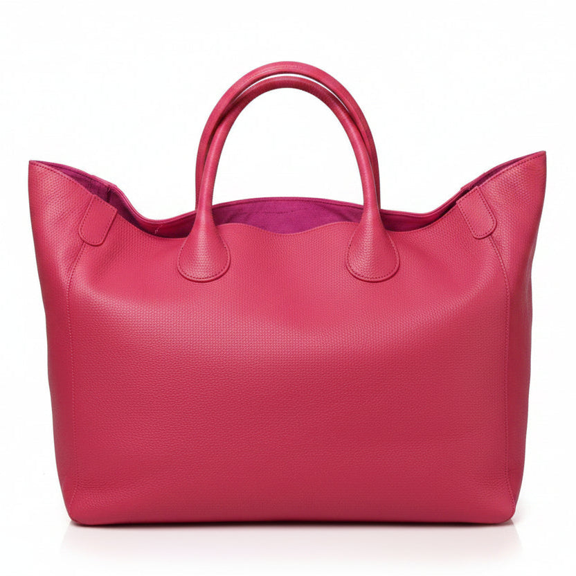 Hot Pink Oversized Large Classic Top Grain Leather Tote Bag