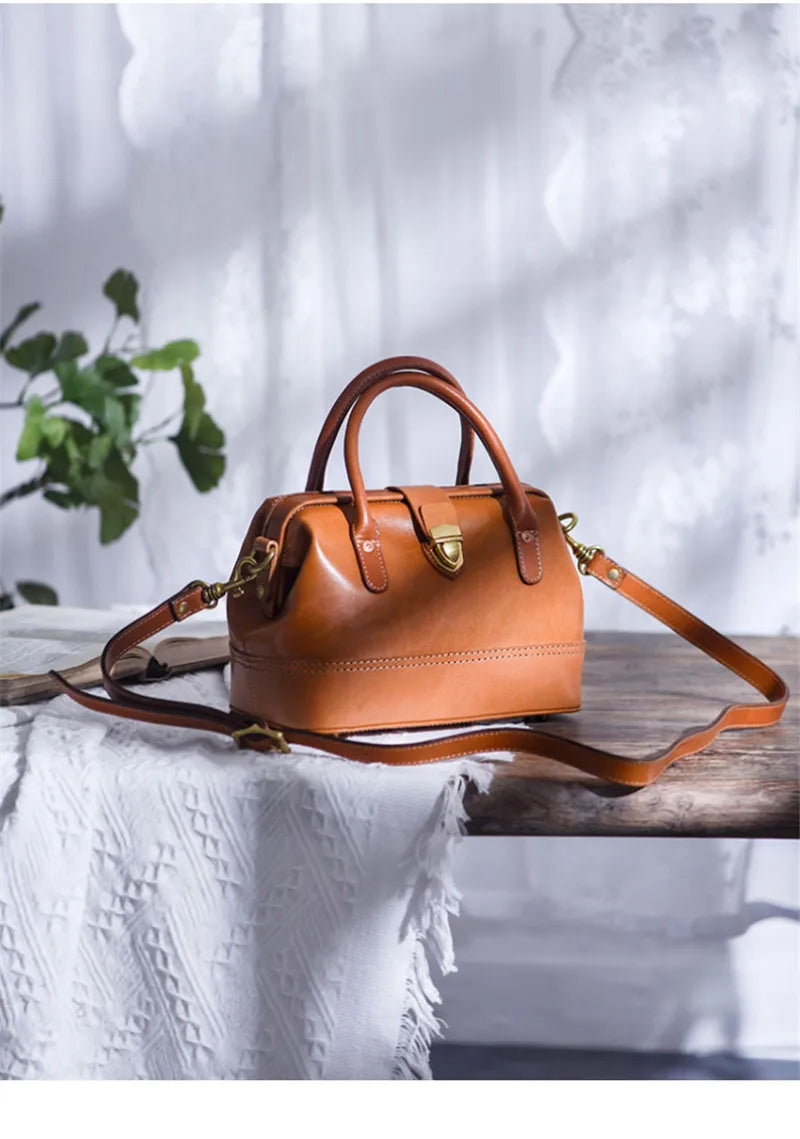 Women Leather Doctor Bag Color Block Weekend Daily Small Handbag Shoulder Bag