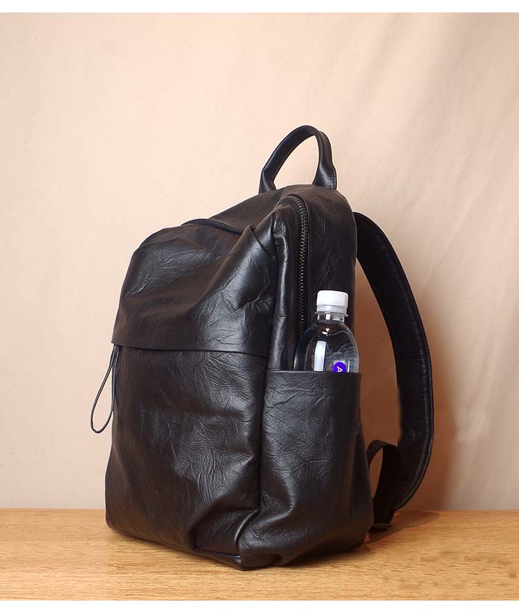 Simple Large Black Leather Backpack Bag